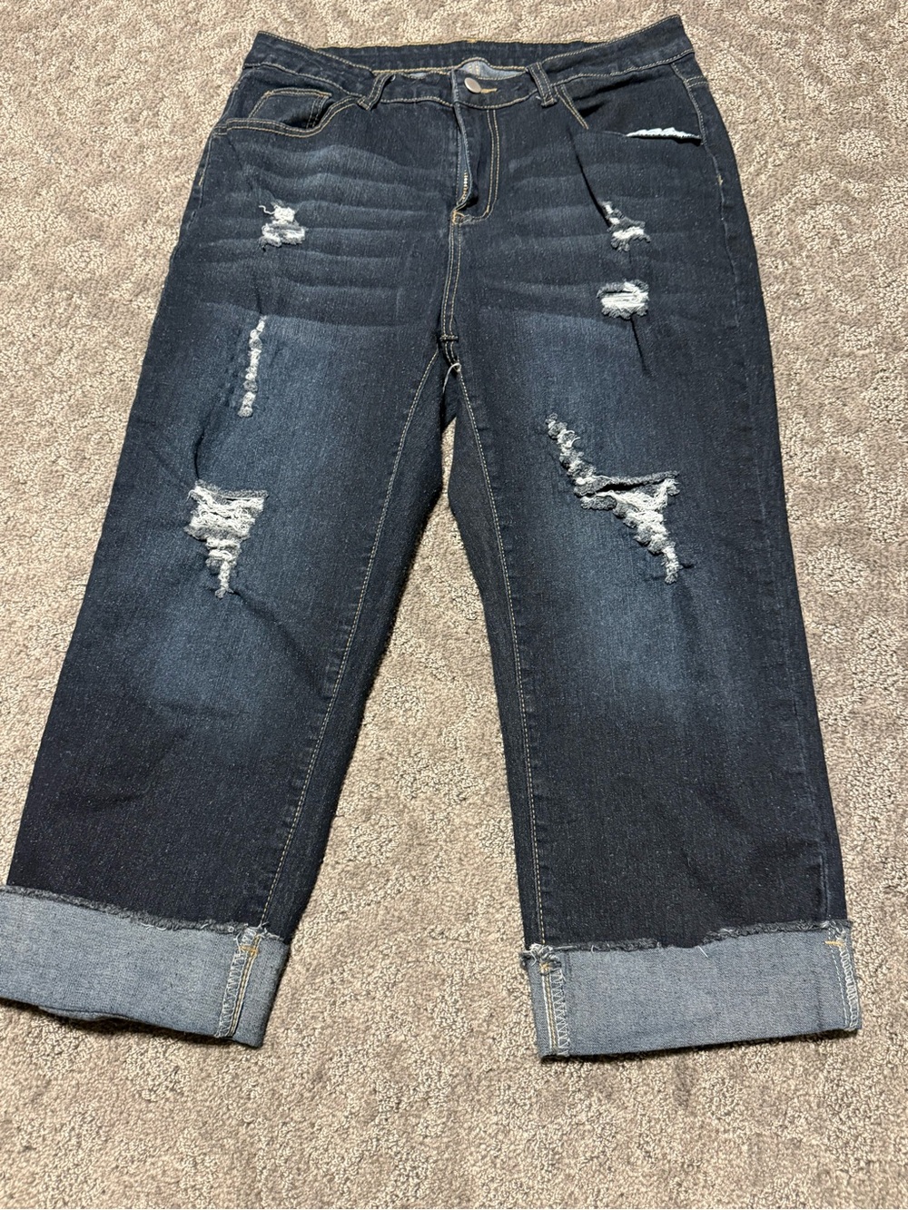 Dark Wash Distressed Women’s Jeans - Cropped Roll Cuff
